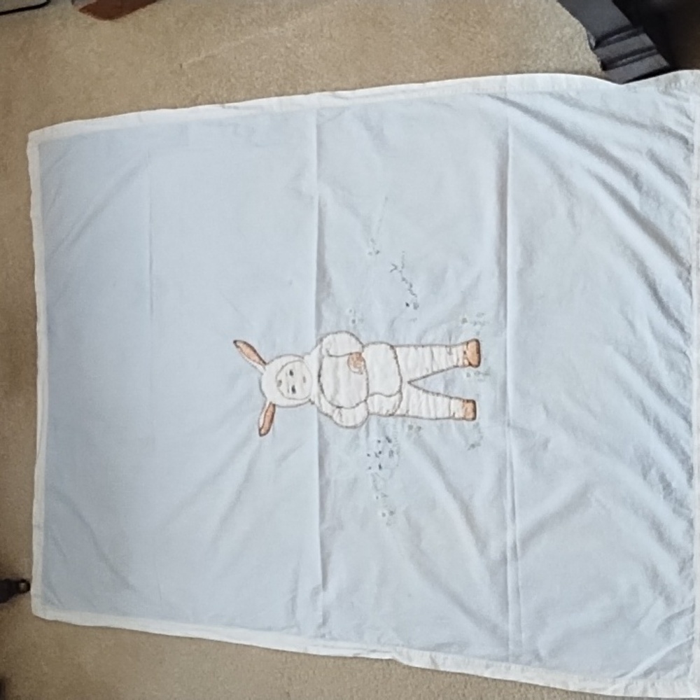 Embroidered Baby Sheet Light Blanket Vintage Shower Gift Child Bunny Blue White